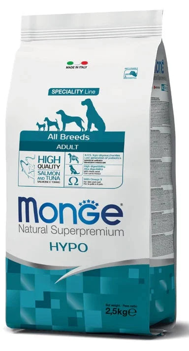 Hrană uscată câini Monge - Adult - Toate rasele - Hipoalergenic - Somon și Ton - 2,5 kg