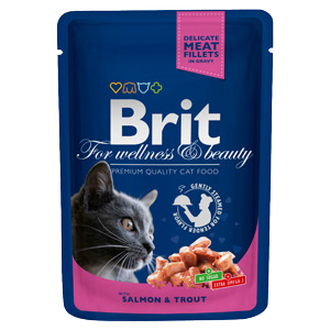 Hrană umedă pisică Brit Premium - Felii de carne - Somon și Păstrăv - 100 g