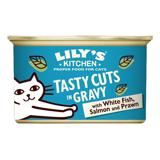 Hrană umedă pisici Lily's Kitchen - Tasty Cuts - Pește alb și Creveți - 85g