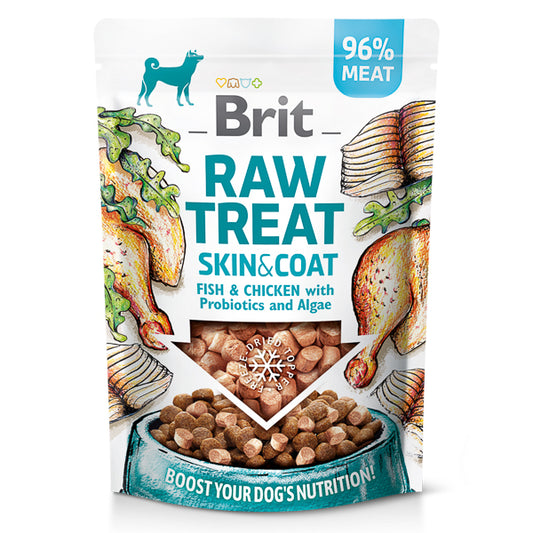 Recompense câini Brit Care Raw Treat - Piele și Blană - Pește și Probiotice - 40 g.